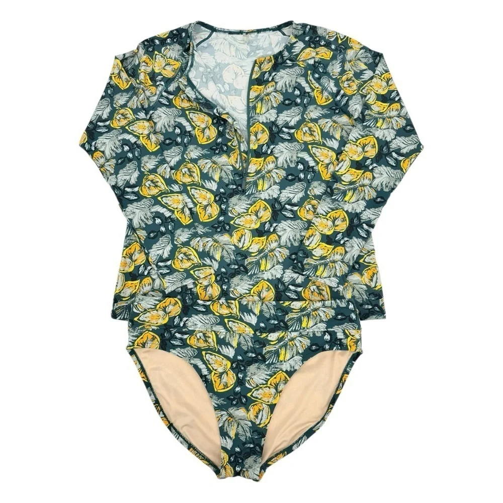 Garnet Hill Swim Set Half Zip Rashguard and Swim Bottom Floral Tropical Print L